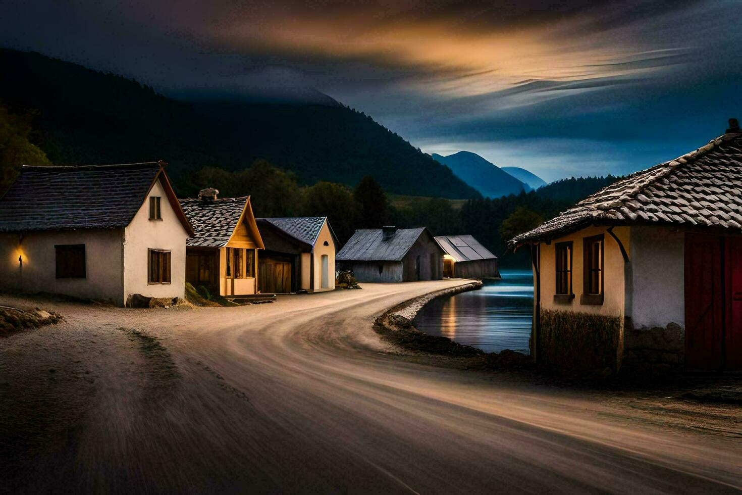 ein lange Exposition Foto von ein Straße und Häuser im das Berge. KI-generiert