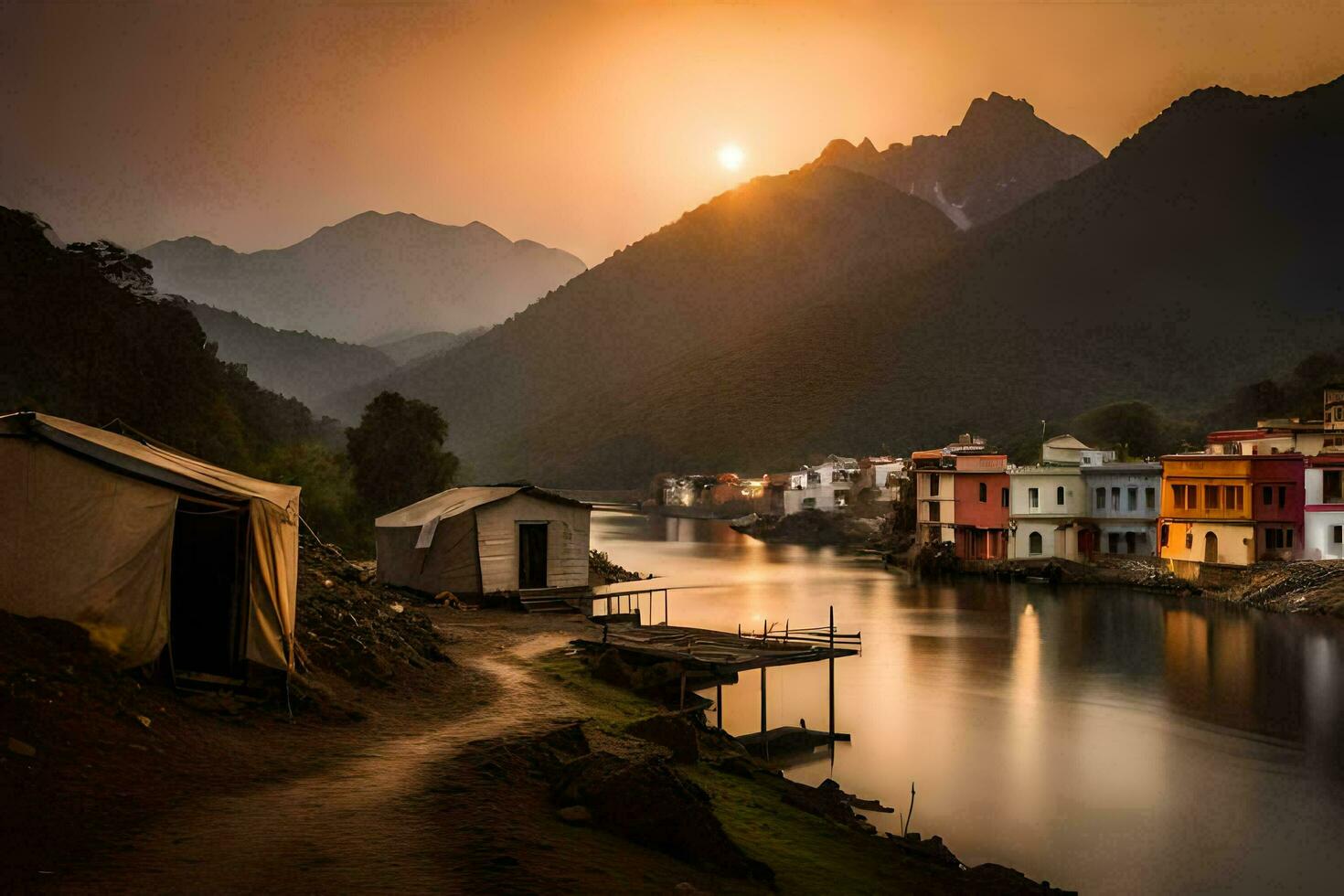 ein Fluss und ein Dorf beim Sonnenuntergang. KI-generiert foto