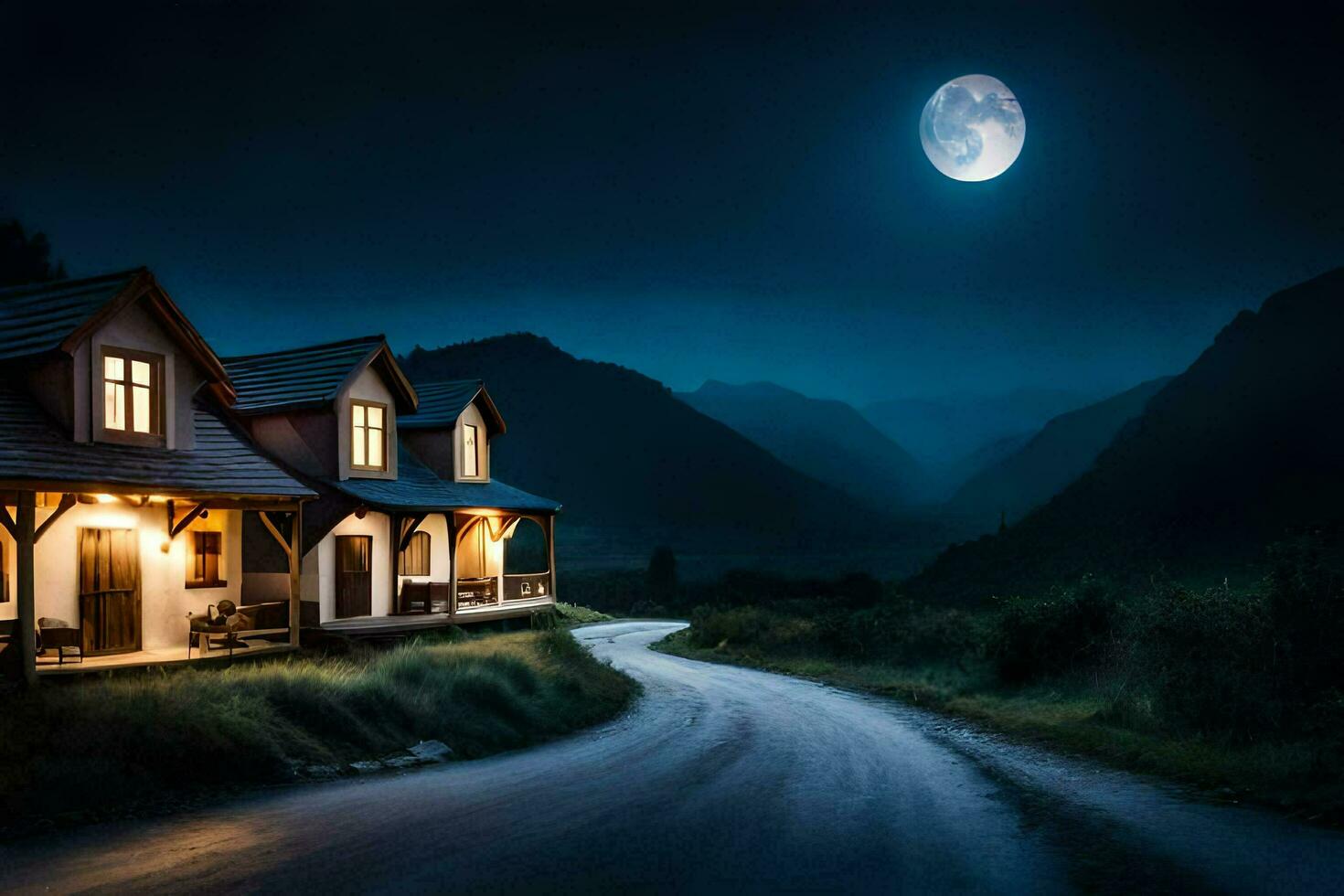 ein Haus im das Mitte von ein Straße beim Nacht. KI-generiert foto
