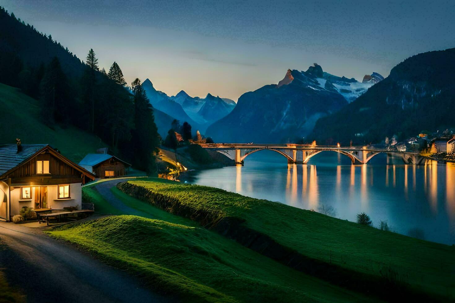 Foto Hintergrund Berge, das Nacht, See, Haus, Brücke, Haus, Haus, Haus,. KI-generiert