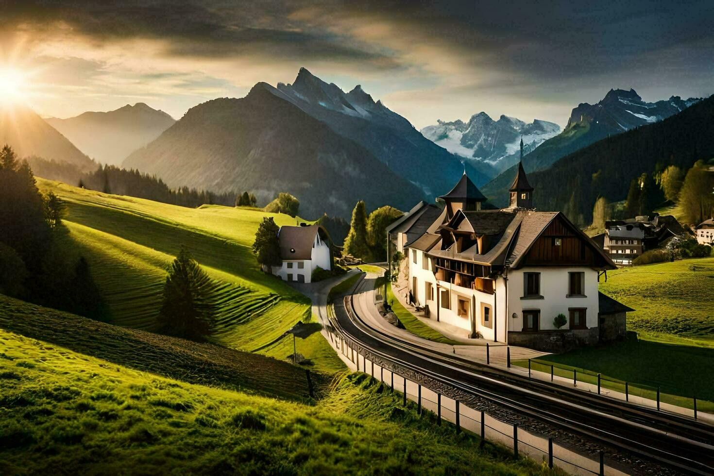 ein schön Berg Dorf mit ein Zug Schiene. KI-generiert foto