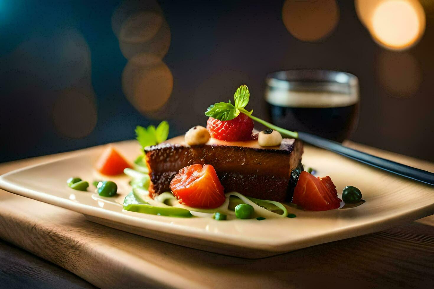 ein Teller mit ein Stück von Fleisch und Erdbeeren. KI-generiert foto