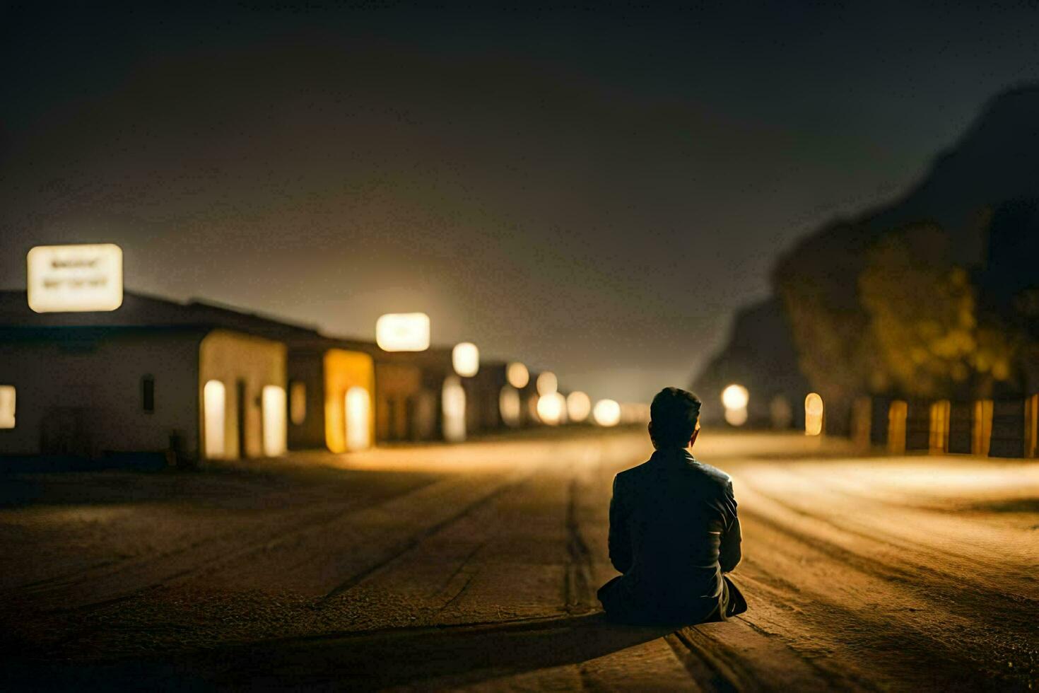 ein Mann sitzt allein im das Mitte von ein Straße beim Nacht. KI-generiert foto