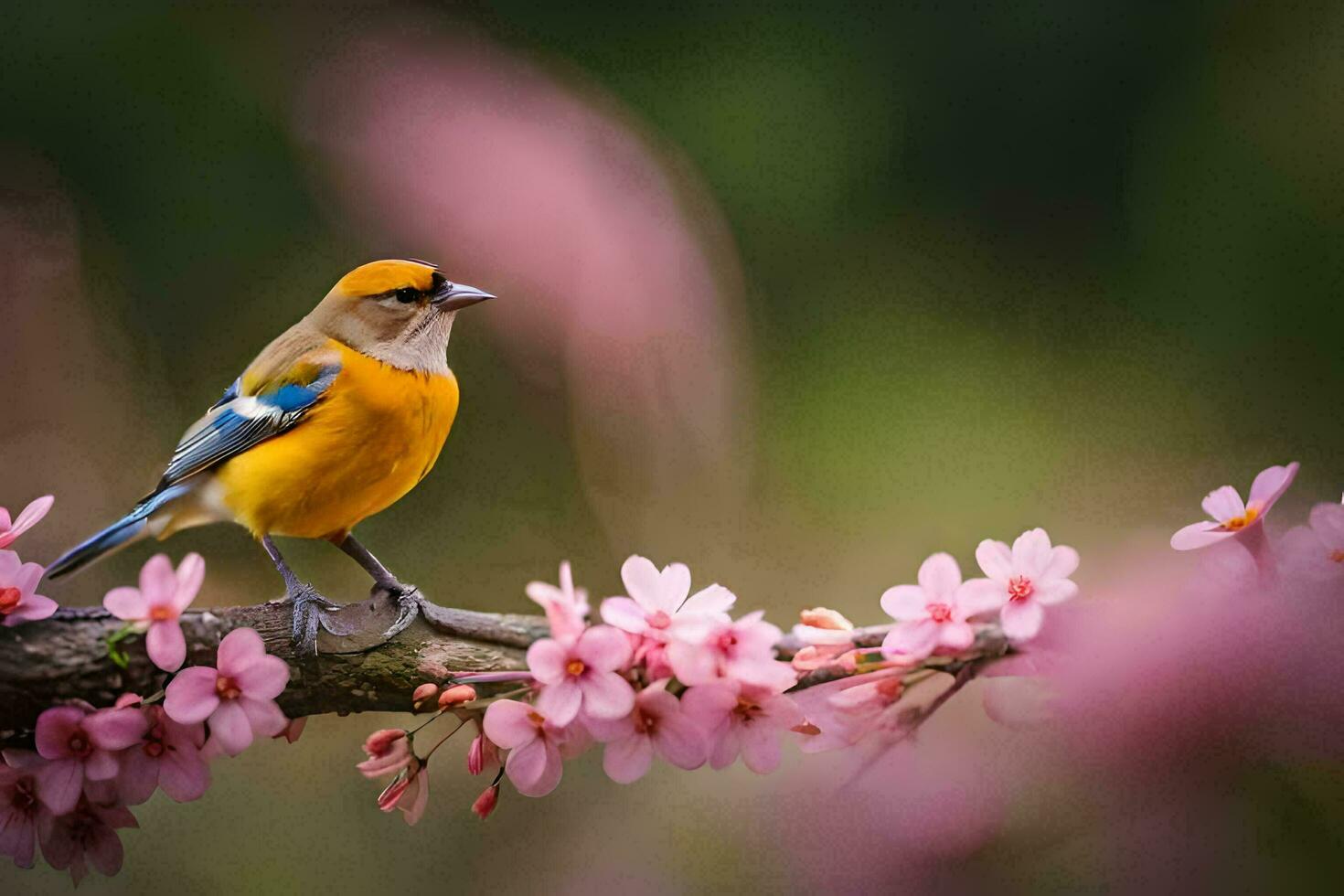 ein Vogel sitzt auf ein Ast mit Rosa Blumen. KI-generiert foto