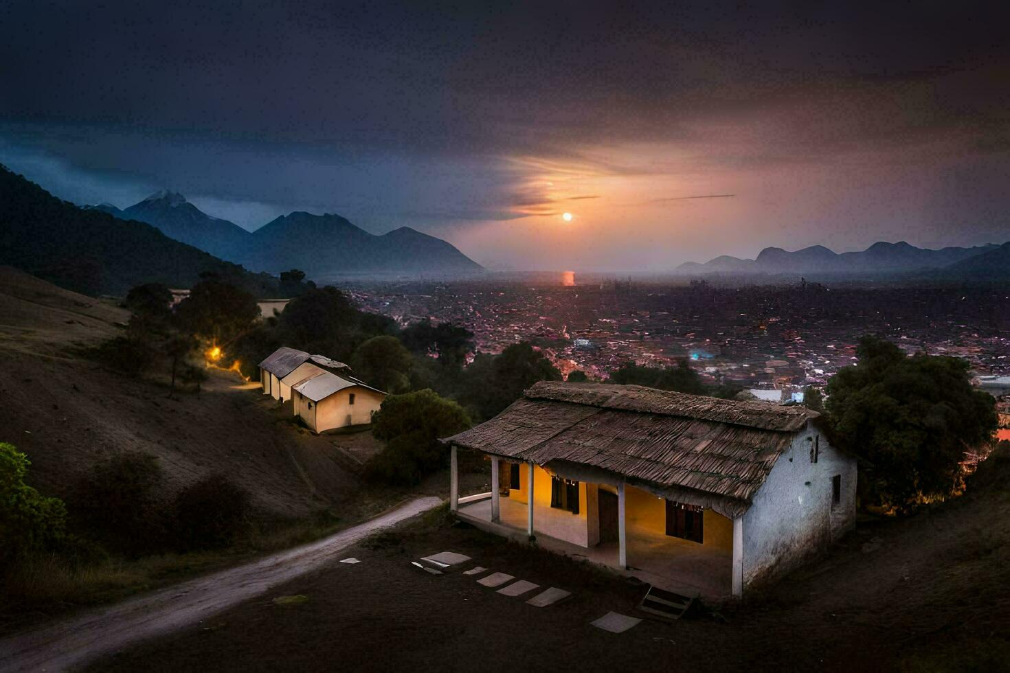 ein klein Haus sitzt auf ein Hügel mit Blick auf ein Schlucht. KI-generiert foto