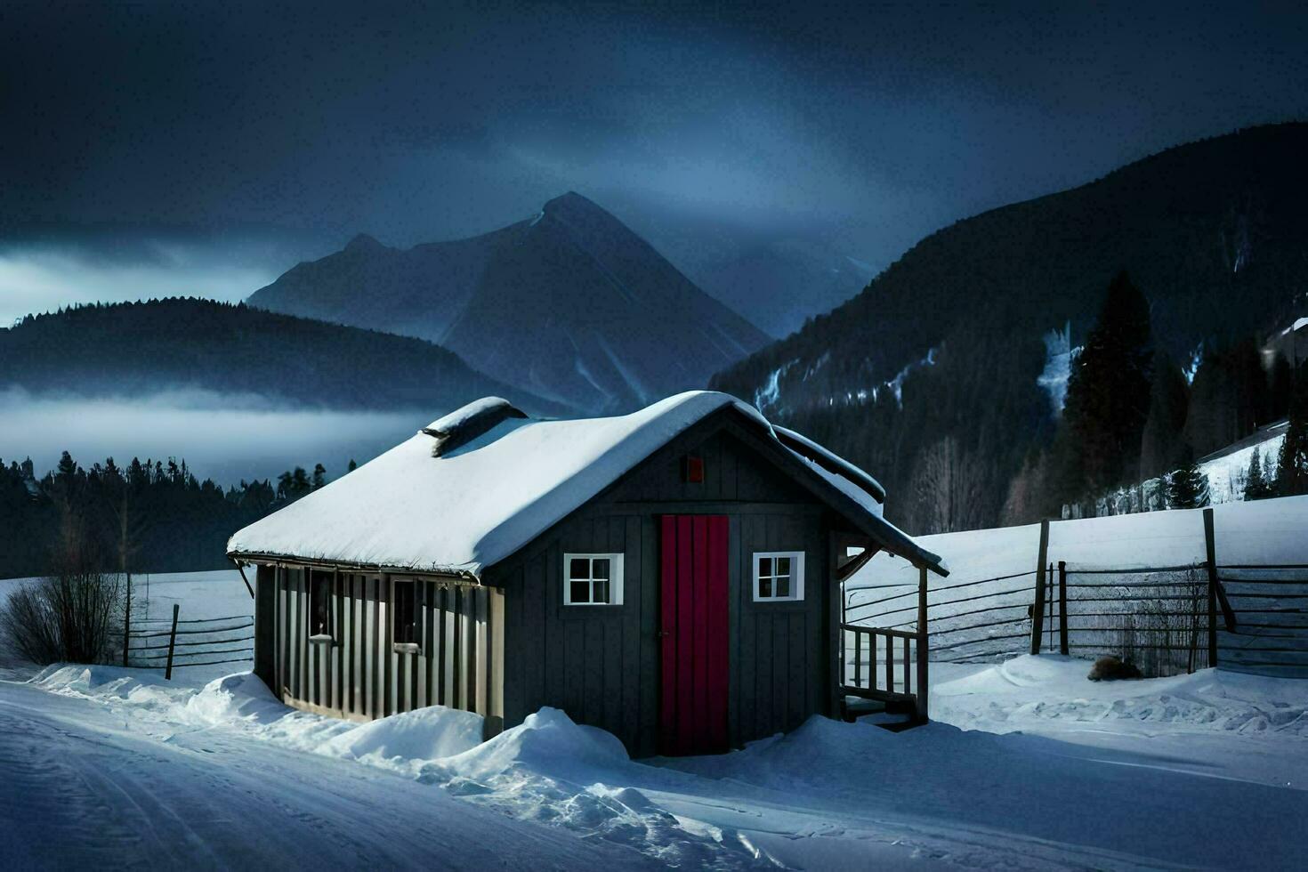 ein klein Kabine im das Schnee mit Berge im das Hintergrund. KI-generiert foto