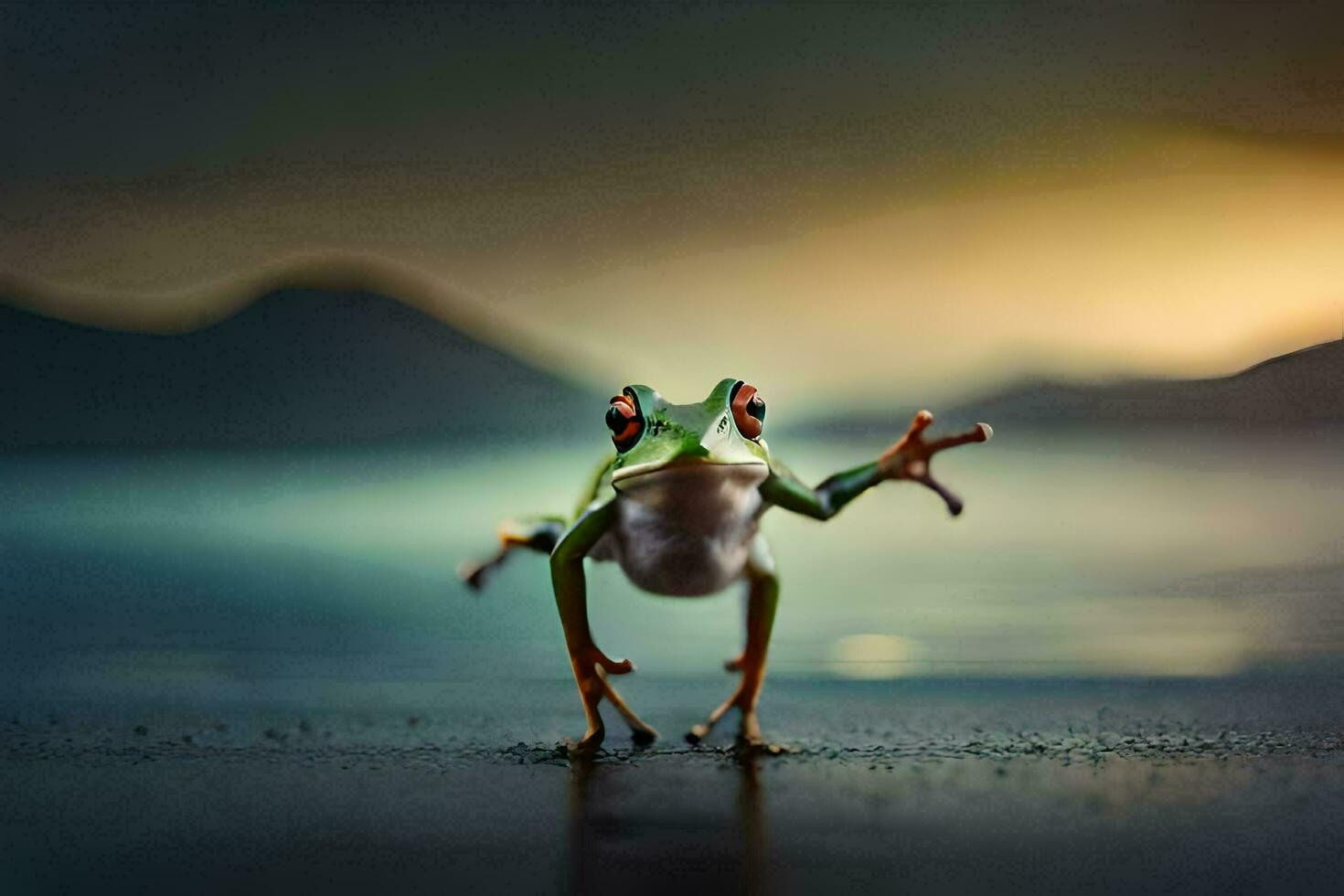 ein Frosch Stehen auf es ist Hinter Beine im Vorderseite von ein See. KI-generiert foto