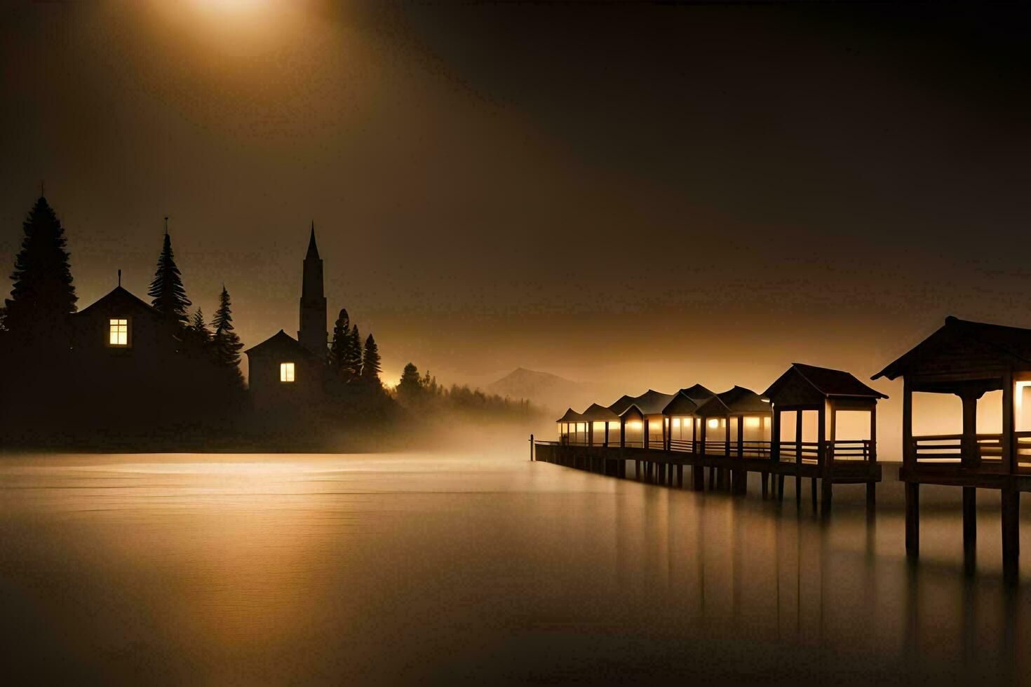 ein Seebrücke mit Häuser und ein Kirche im das Nebel. KI-generiert foto