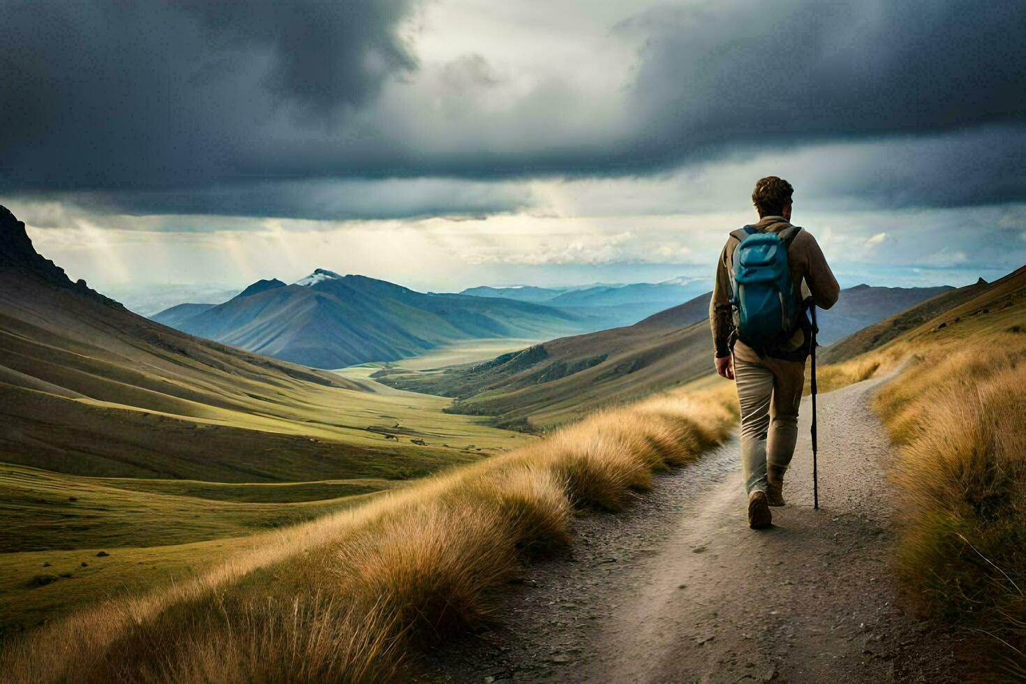 ein Mann mit ein Rucksack Spaziergänge Nieder ein Pfad im das Berge. KI-generiert foto