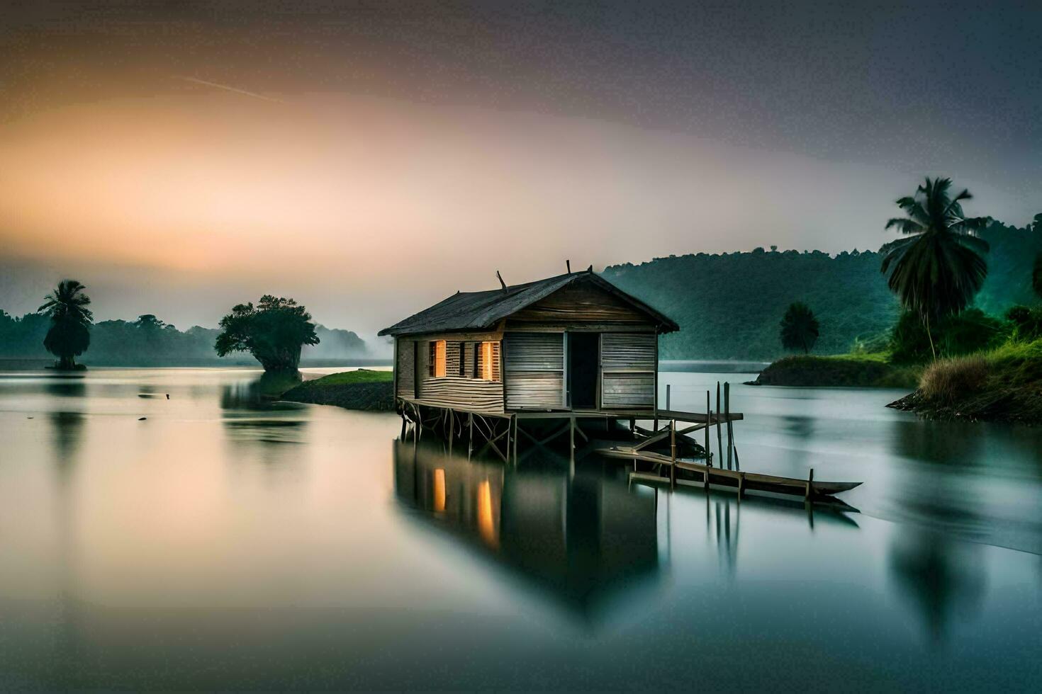 ein klein Haus sitzt auf das Kante von ein See. KI-generiert foto