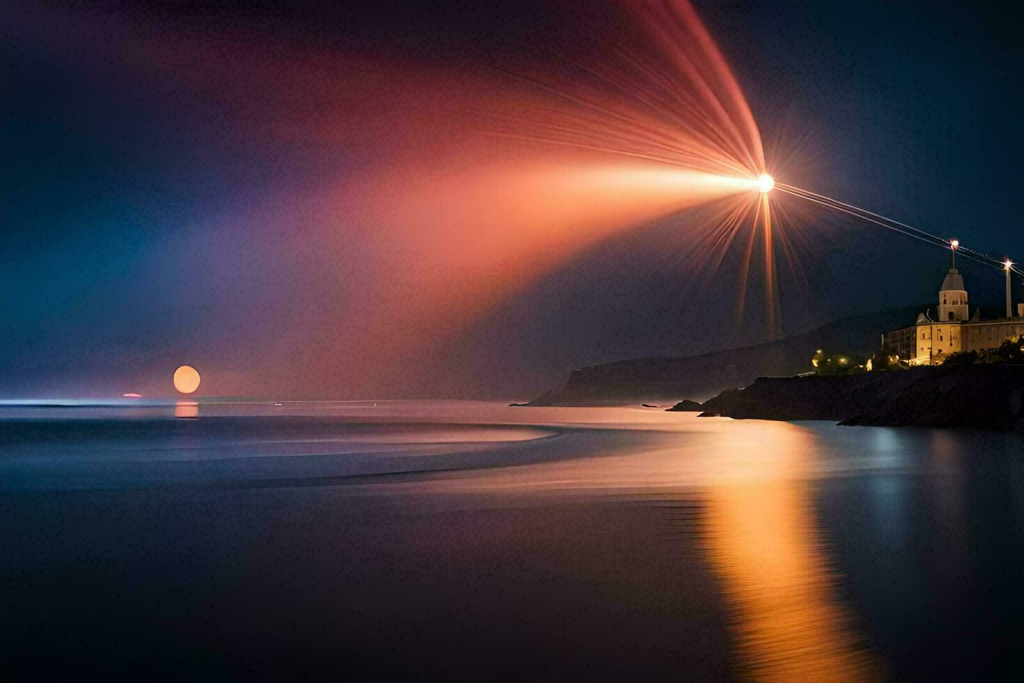 ein Leuchtturm ist zündete oben beim Nacht mit ein hell Licht leuchtenden runter. KI-generiert foto