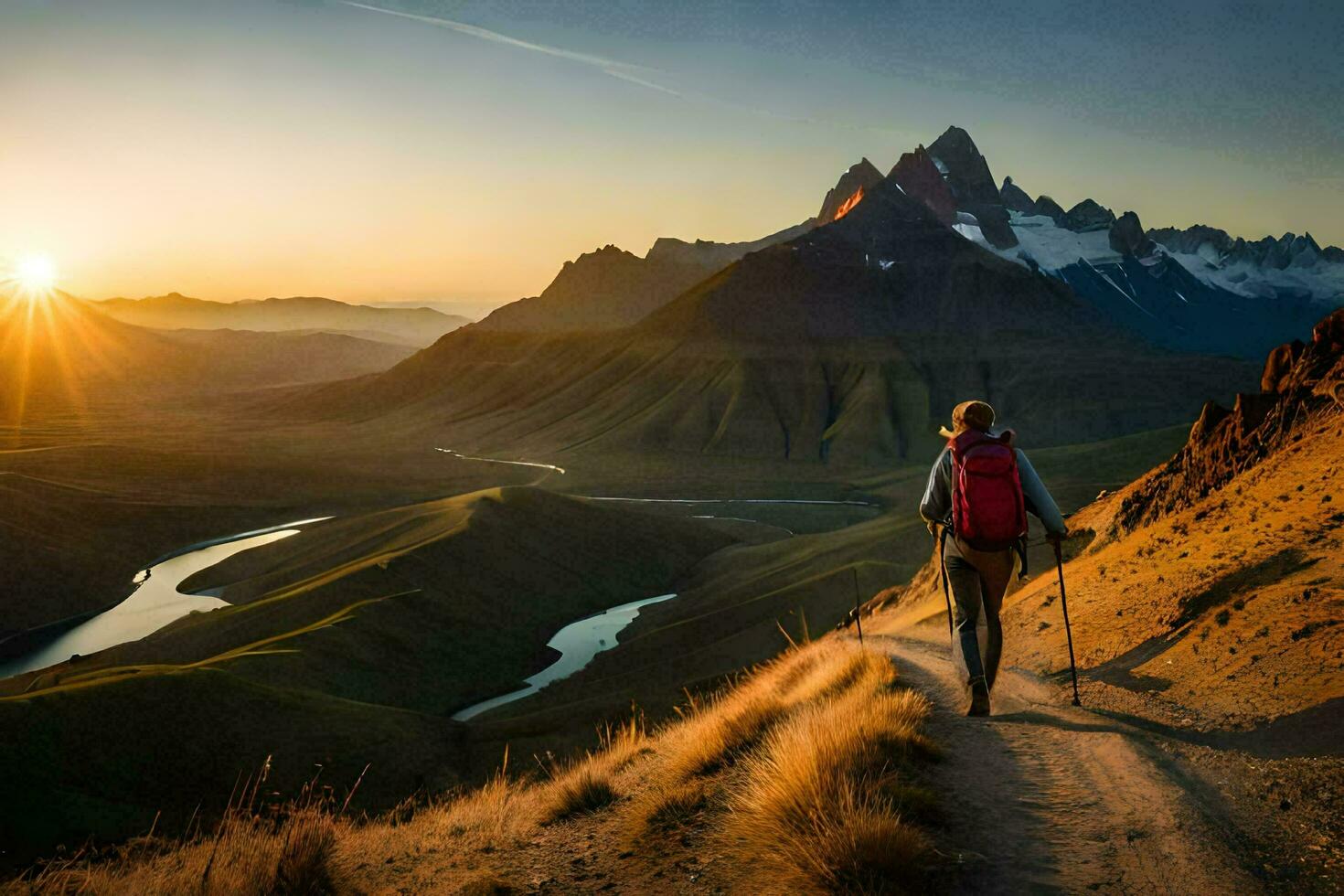 ein Person mit ein Rucksack Wandern im das Berge. KI-generiert foto