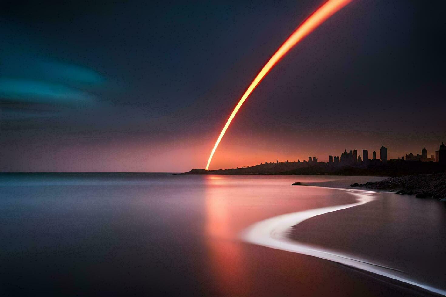 ein Rakete ist gesehen im das Himmel wie es Streifen über das Ozean. KI-generiert foto