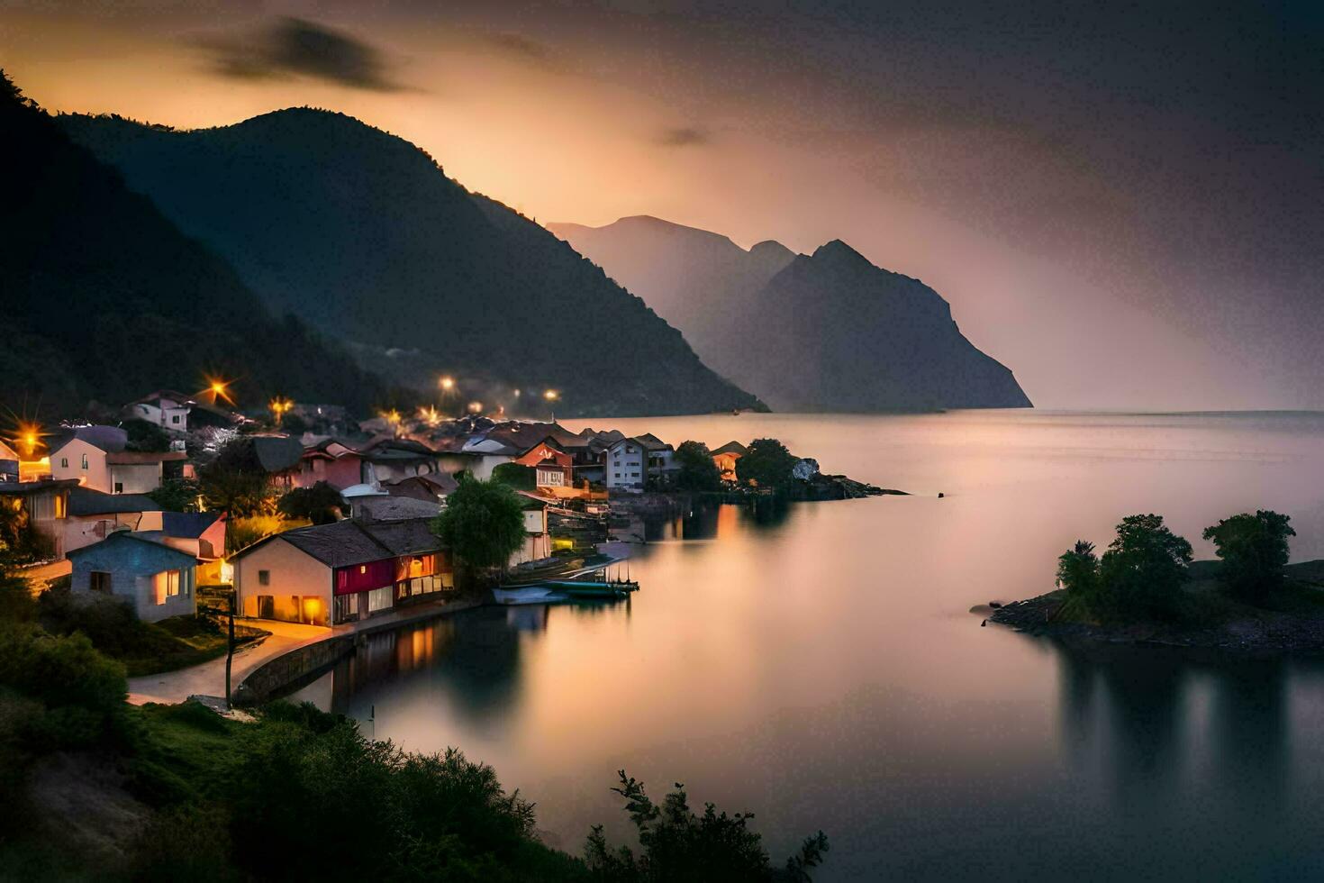 ein schön Sonnenuntergang Über ein Stadt, Dorf auf das Küste. KI-generiert foto