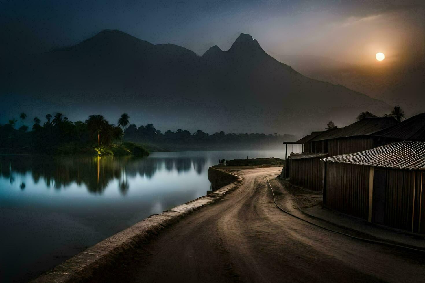 ein Straße führen zu ein See und Berge im das Hintergrund. KI-generiert foto