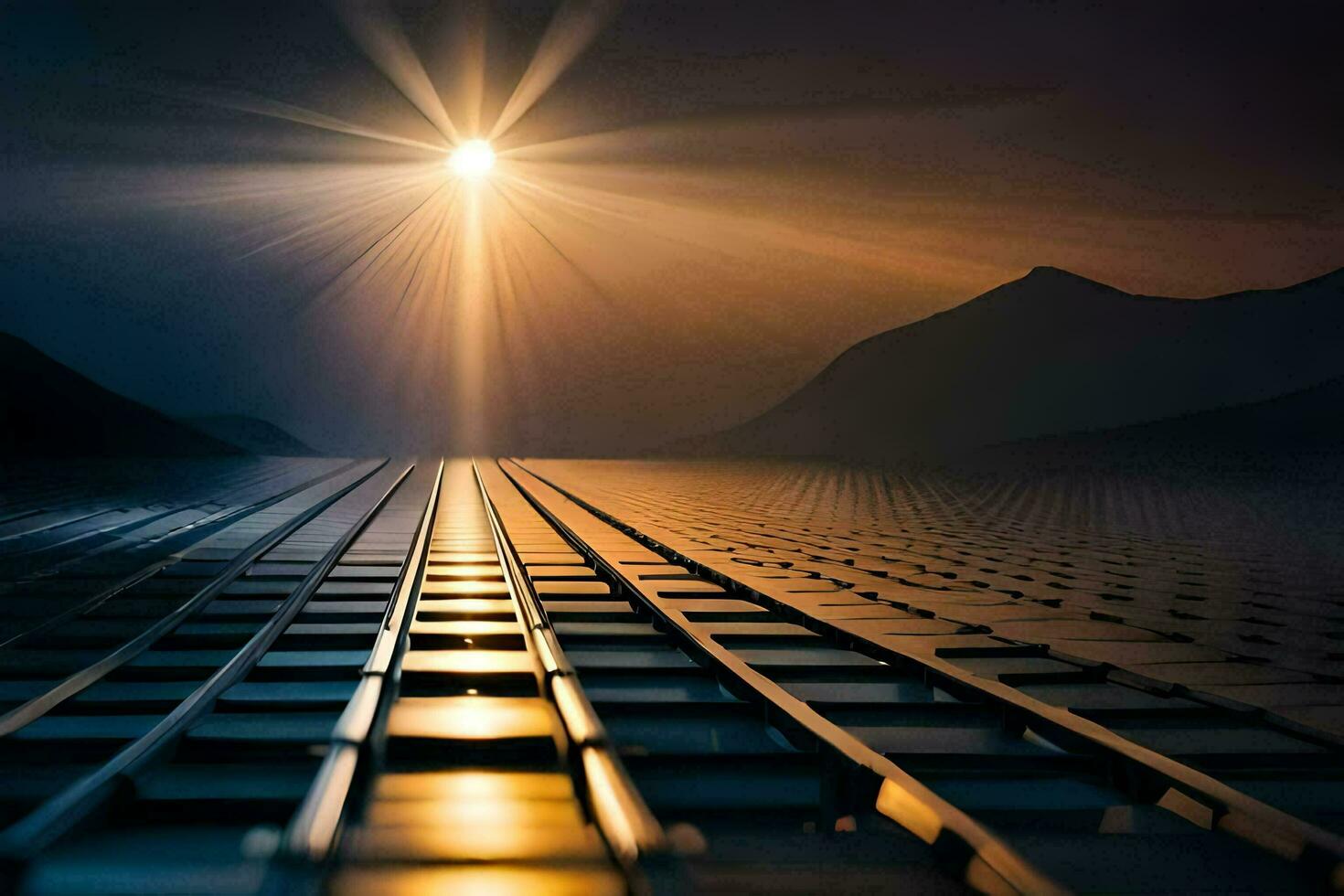 ein Zug Spur mit das Sonne leuchtenden Über Es. KI-generiert foto