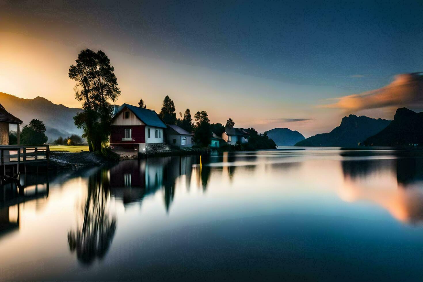 ein See und Häuser im das Hintergrund beim Sonnenuntergang. KI-generiert foto