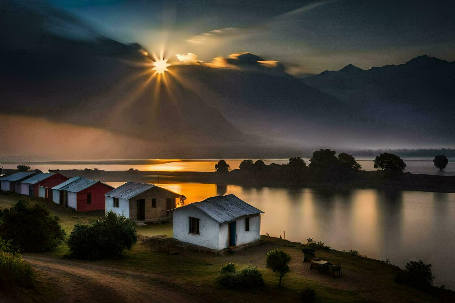 Foto Hintergrund das Himmel, Berge, Sonnenaufgang, das Sonne, das Berge, das See, Die. KI-generiert