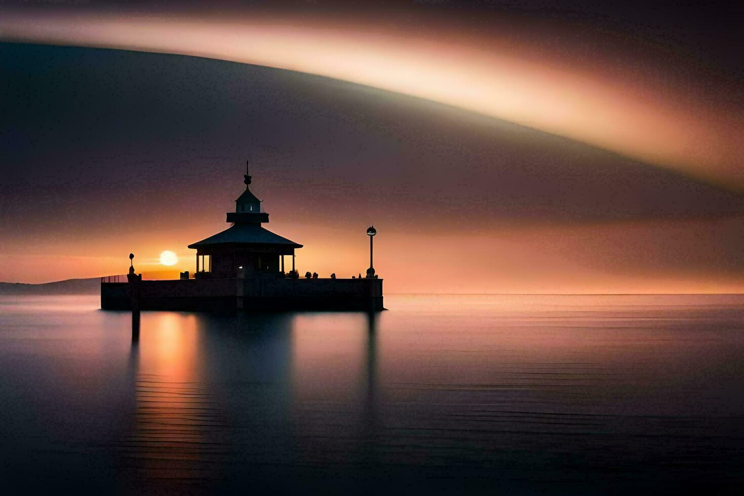 ein Leuchtturm sitzt auf das Wasser beim Sonnenuntergang. KI-generiert foto