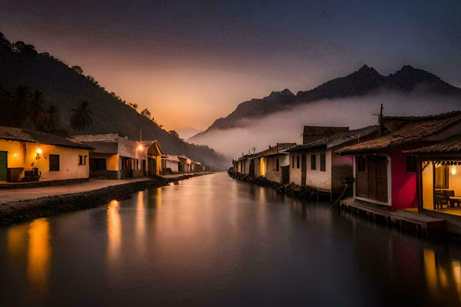 ein Fluss im das Berge beim Sonnenuntergang mit Häuser entlang das Wasser. KI-generiert foto