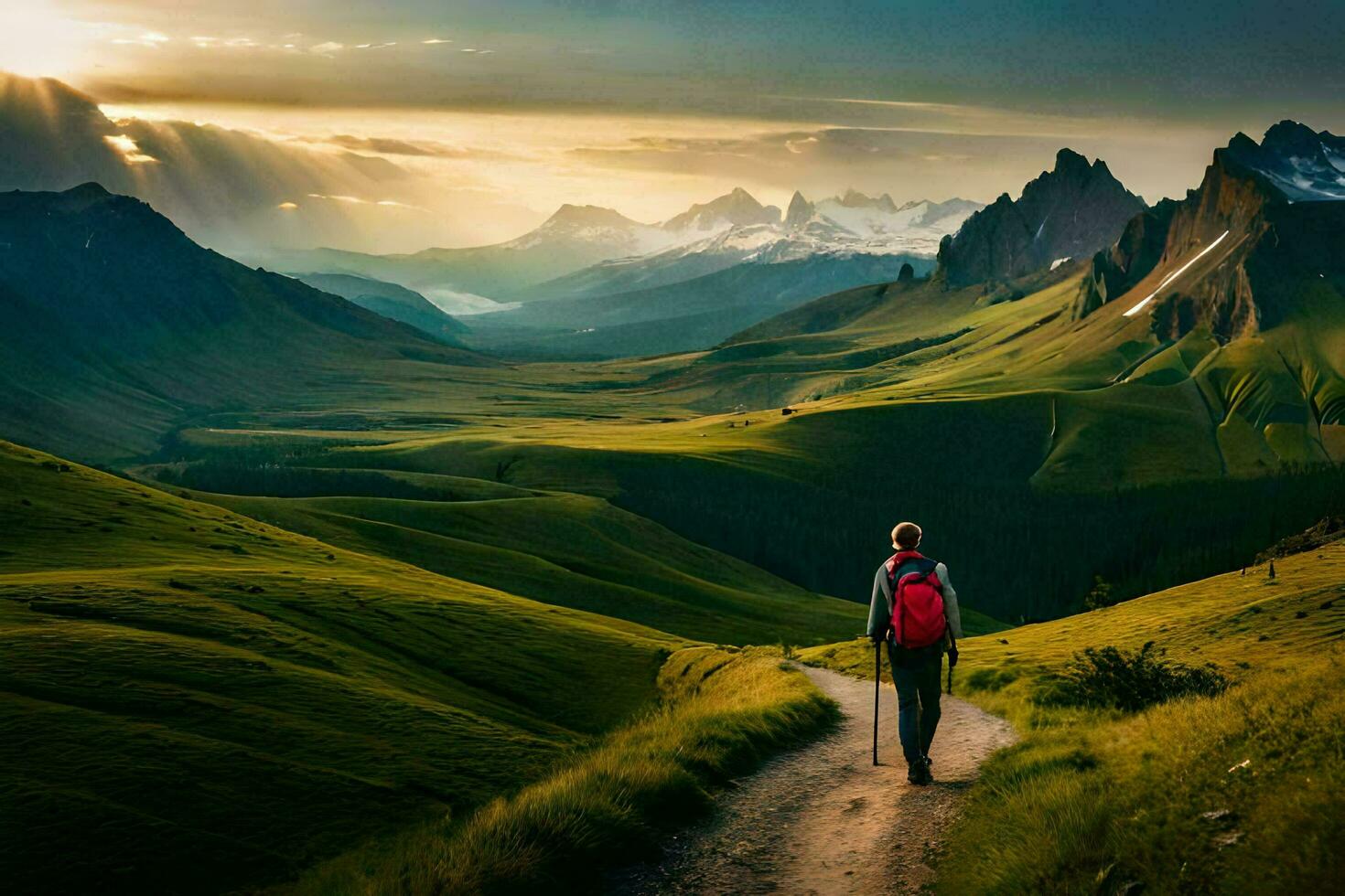ein Mann Gehen auf ein Pfad im das Berge. KI-generiert foto
