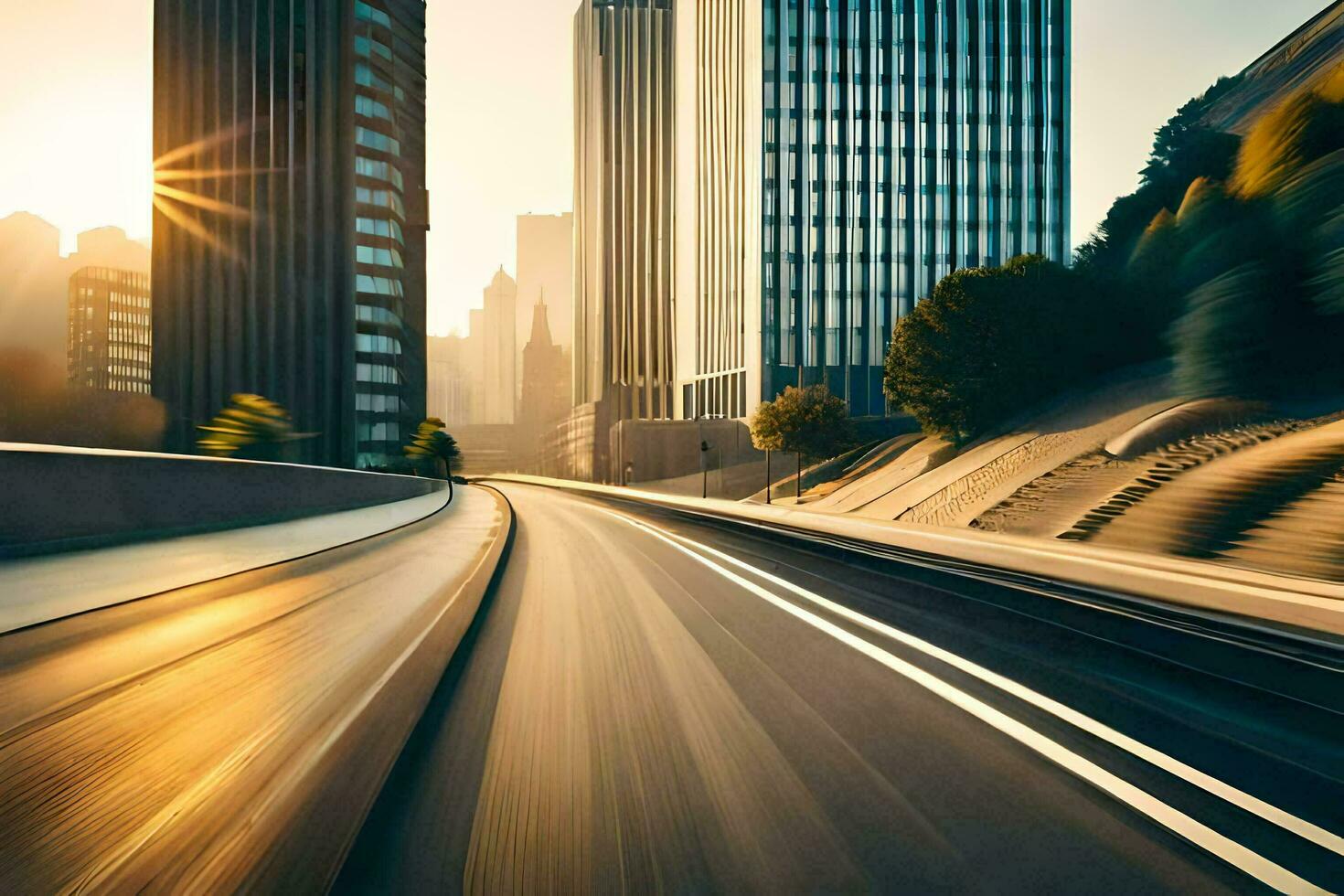 ein Stadt Straße mit ein Auto Fahren Nieder Es. KI-generiert foto