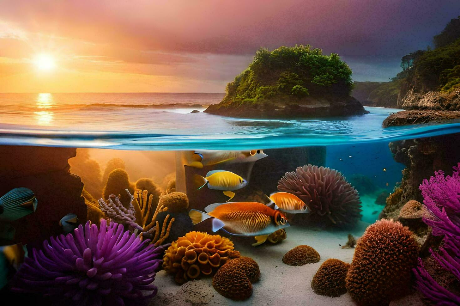 das Sonne setzt Über ein Koralle Riff und Fisch. KI-generiert foto
