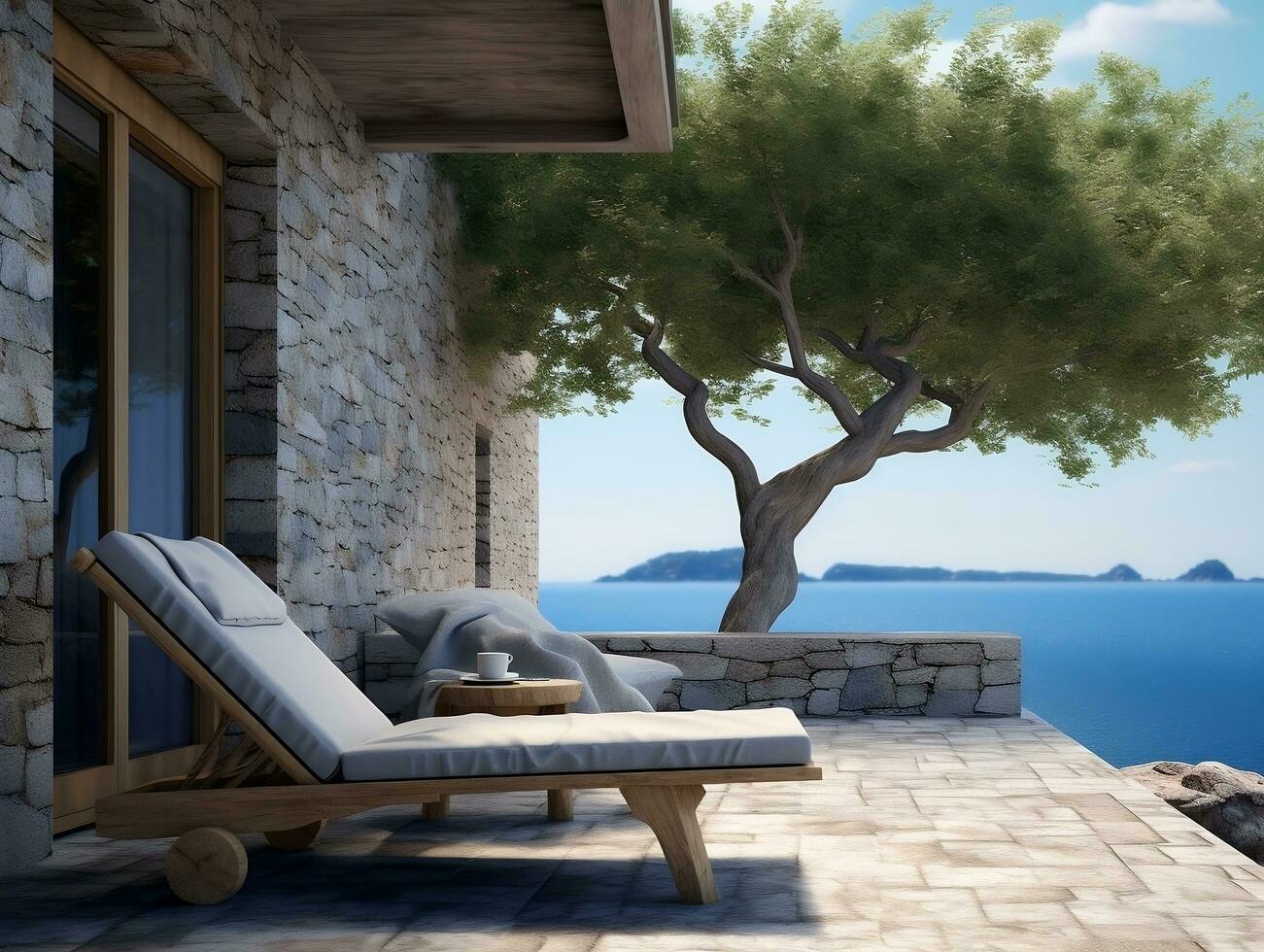 Balkon Terrasse von ein Stein Haus durch ein Blau Meer mit ein Strand Stuhl in der Nähe von ein Baum ai generativ foto