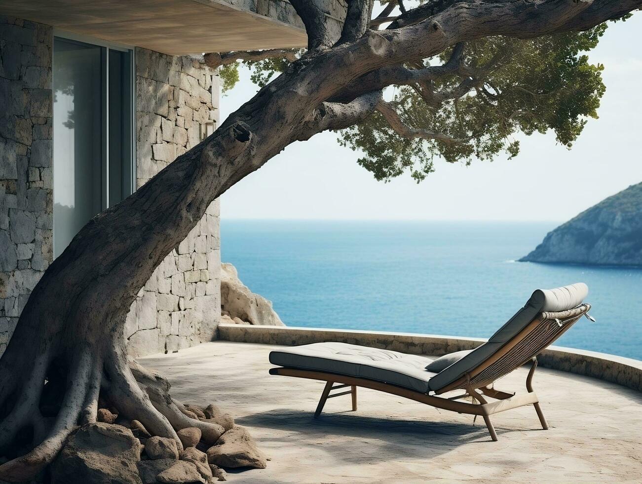 Balkon Terrasse von ein Stein Haus durch ein Blau Meer mit ein Strand Stuhl in der Nähe von ein Baum ai generativ foto