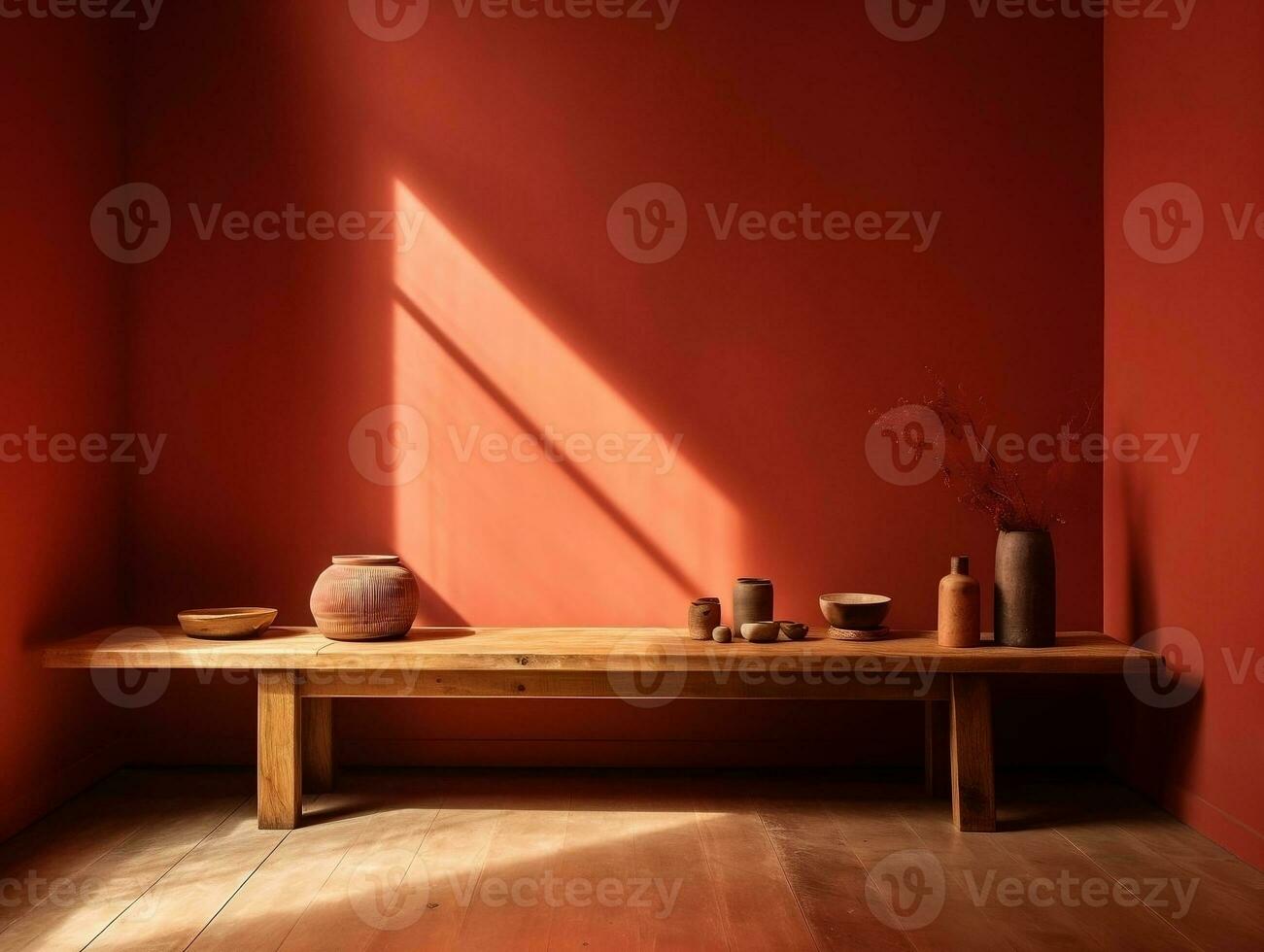 modern Zimmer mit rot Wände und hölzern Bank ai generativ foto
