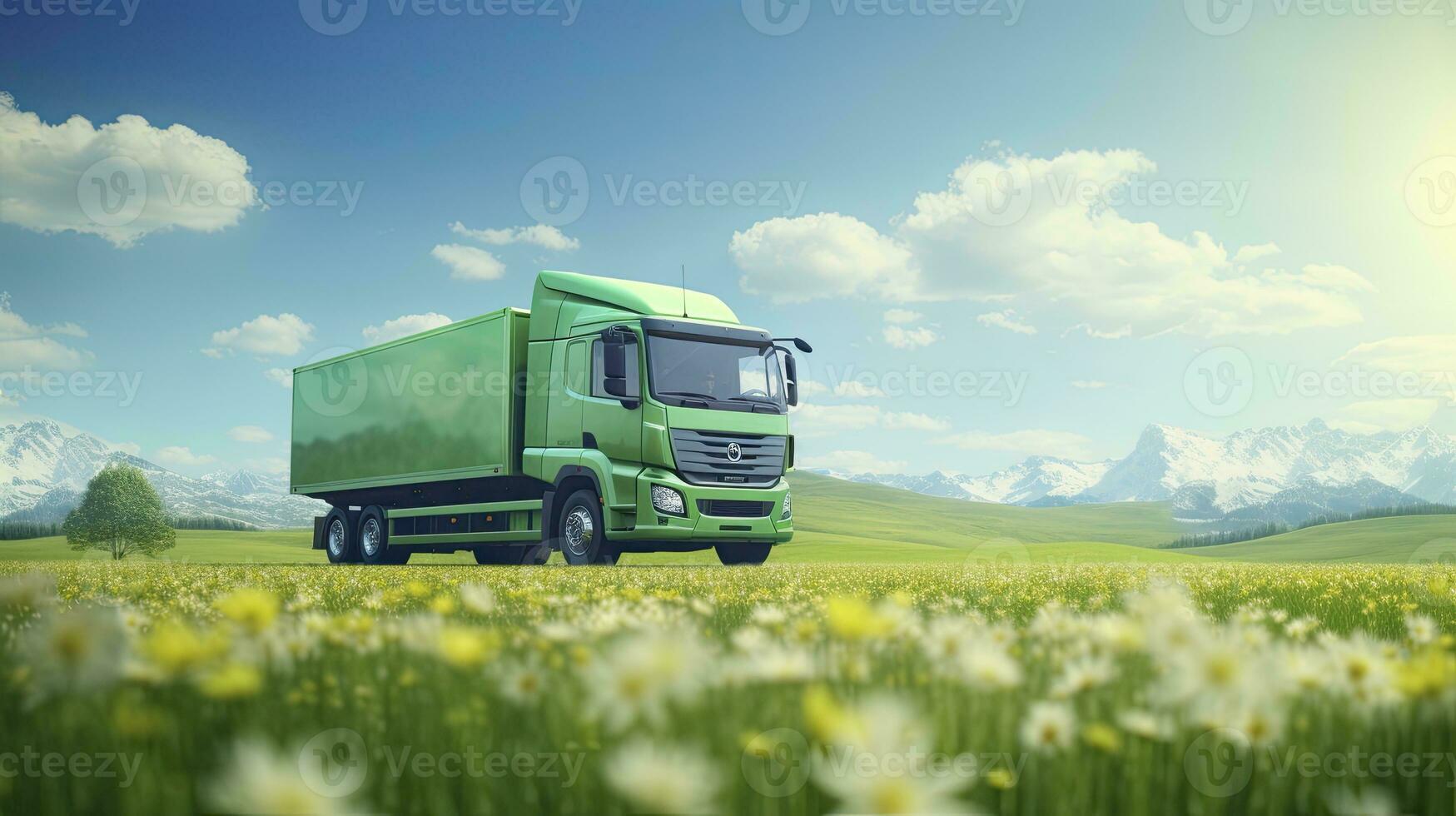 Grün LKW umweltfreundlich Transport Konzept auf Frühling Wiese. ai generiert foto