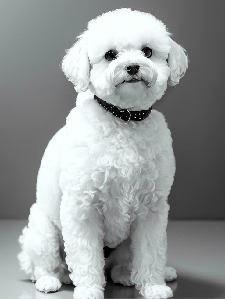 glücklich Hund Bichon frise schwarz und Weiß einfarbig Foto im Studio Beleuchtung