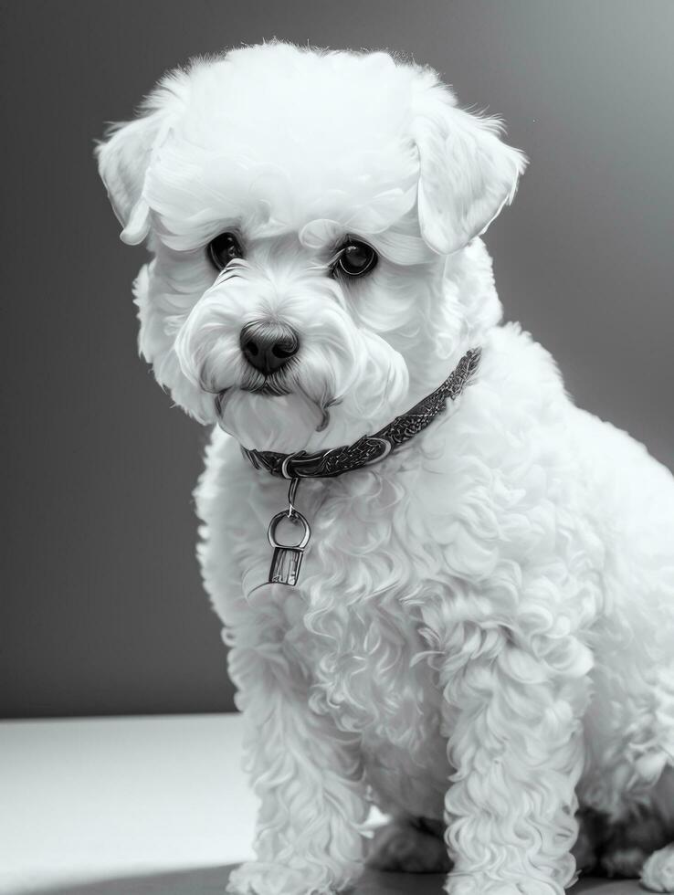 glücklich Hund Bichon frise schwarz und Weiß einfarbig Foto im Studio Beleuchtung