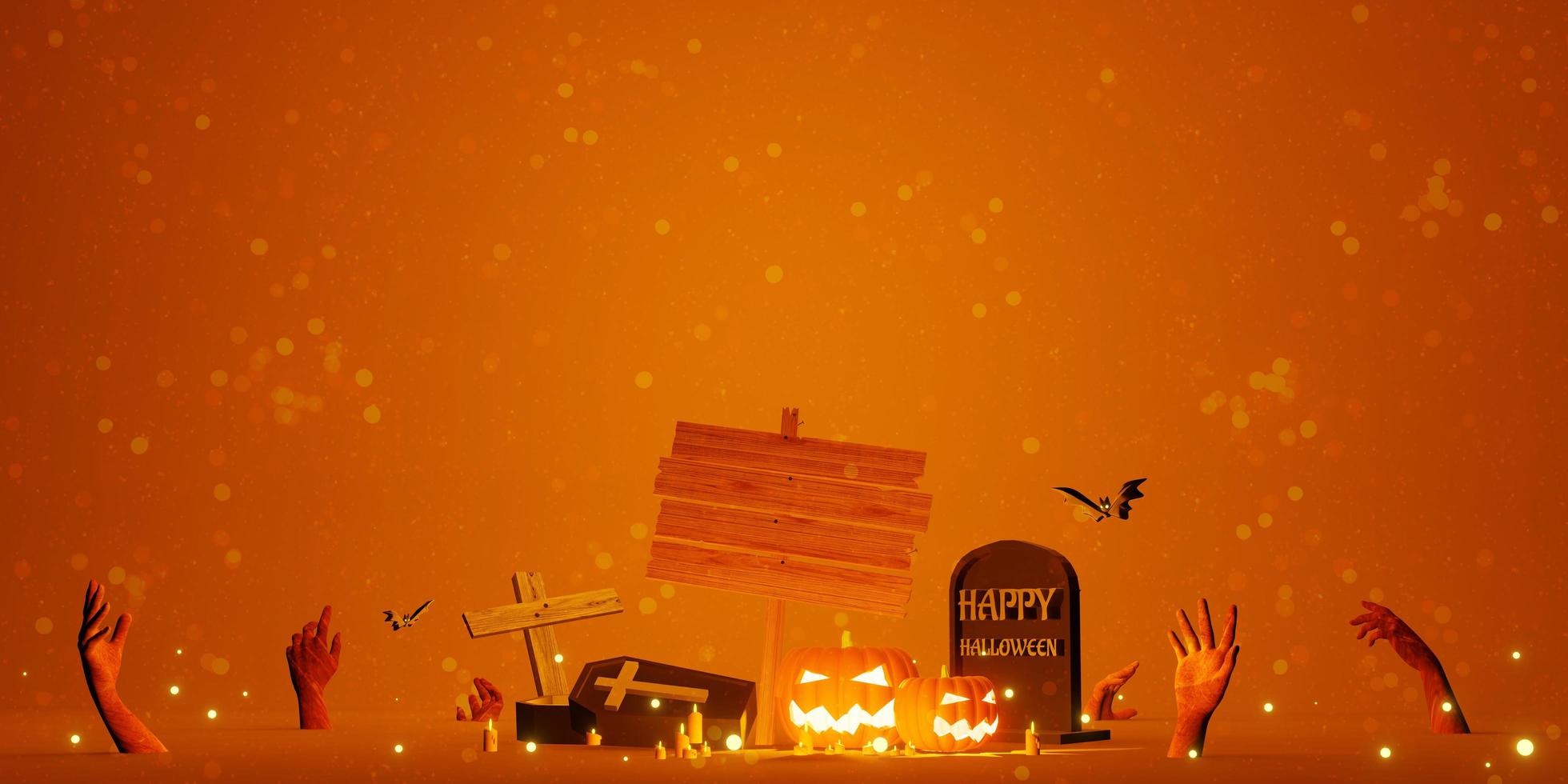 Halloween-Hintergrund mit leerem Holzschild 3D-Darstellung foto