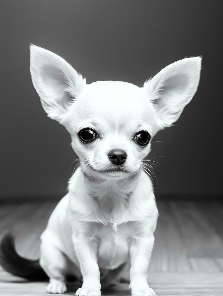 glücklich Chihuahua Hund schwarz und Weiß einfarbig Foto im Studio Beleuchtung