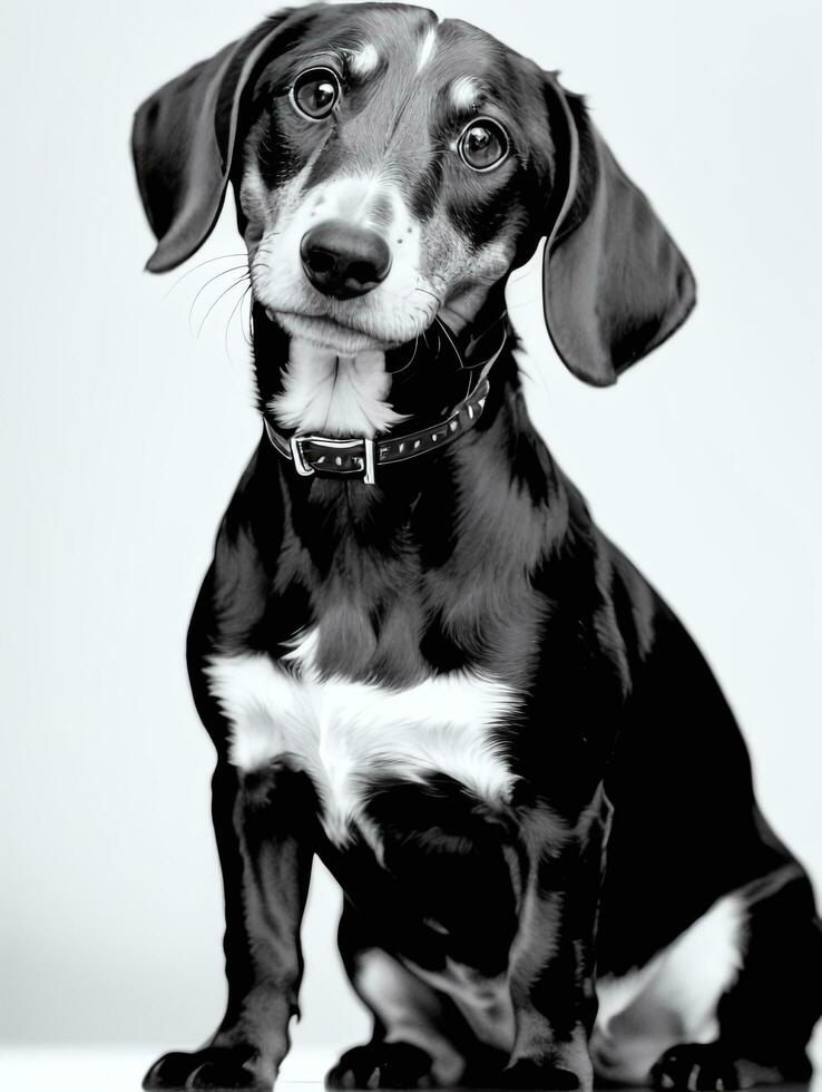 glücklich Dackel Hund schwarz und Weiß einfarbig Foto im Studio Beleuchtung