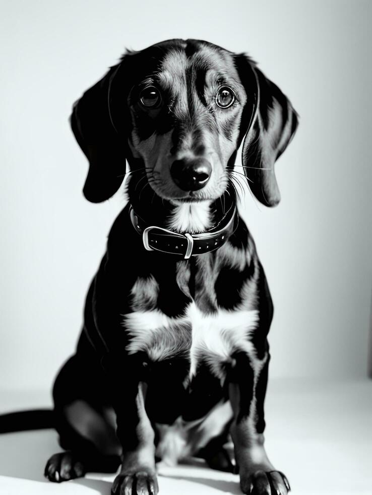 glücklich Dackel Hund schwarz und Weiß einfarbig Foto im Studio Beleuchtung