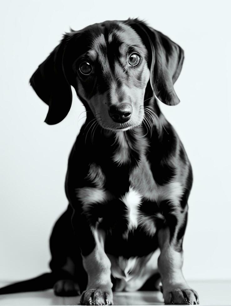 glücklich Dackel Hund schwarz und Weiß einfarbig Foto im Studio Beleuchtung