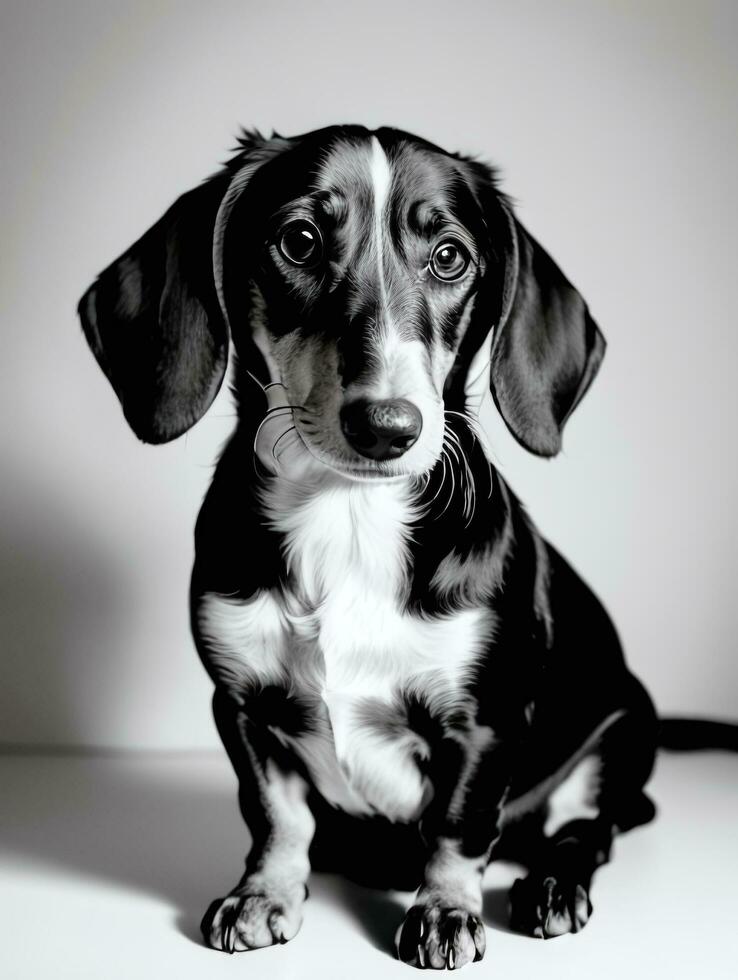 glücklich Dackel Hund schwarz und Weiß einfarbig Foto im Studio Beleuchtung