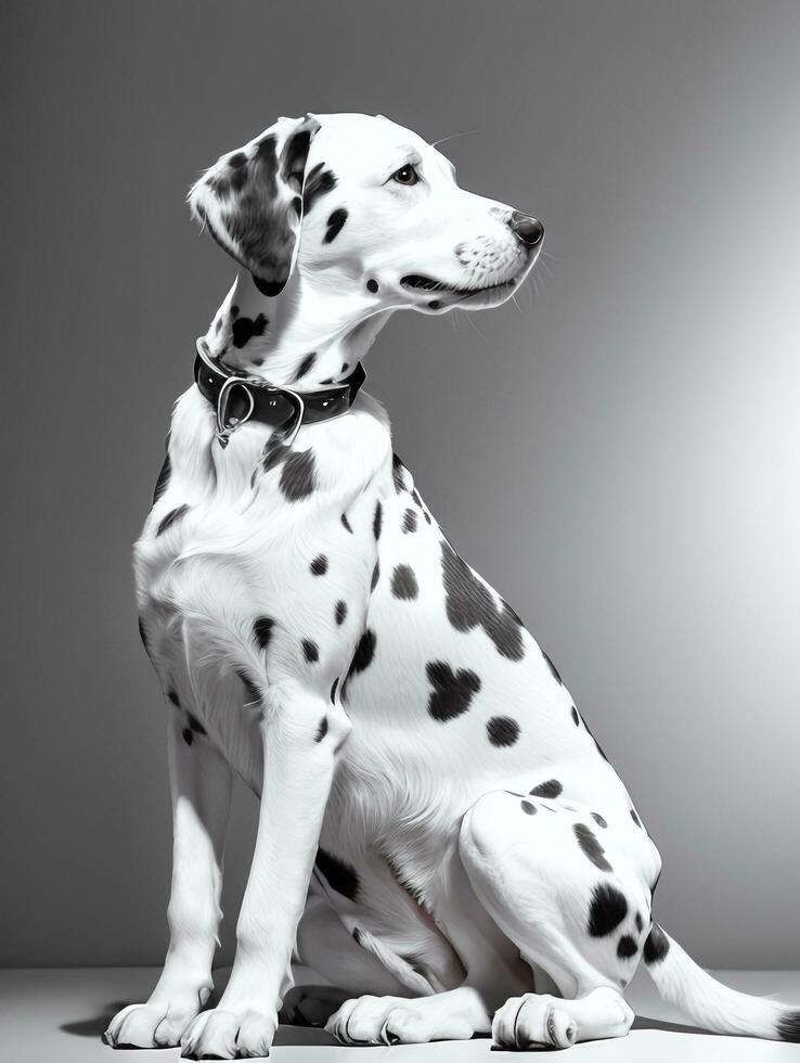 glücklich Dalmatiner Hund schwarz und Weiß einfarbig Foto im Studio Beleuchtung