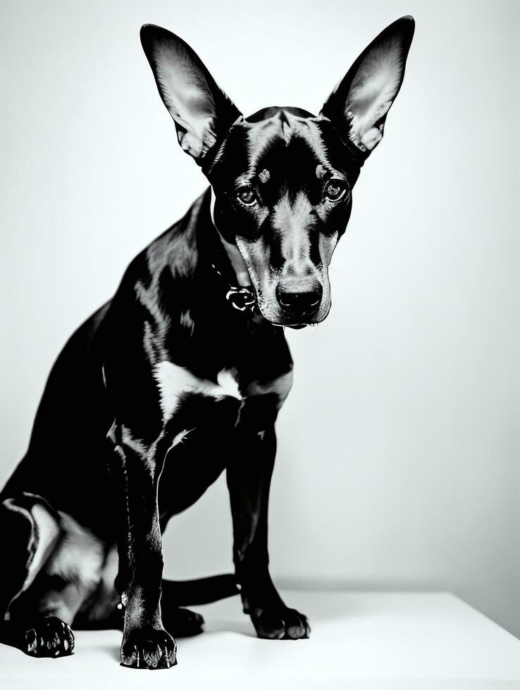 glücklich Dobermann Pinscher Hund schwarz und Weiß einfarbig Foto im Studio Beleuchtung