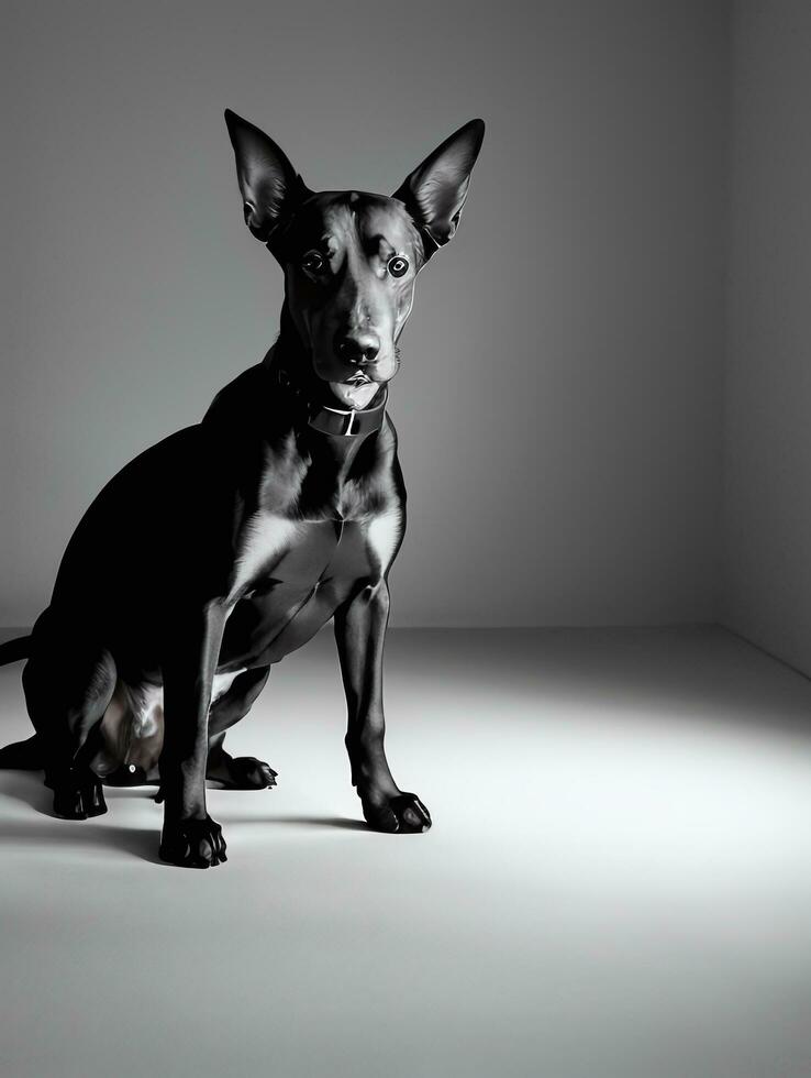 glücklich Dobermann Pinscher Hund schwarz und Weiß einfarbig Foto im Studio Beleuchtung