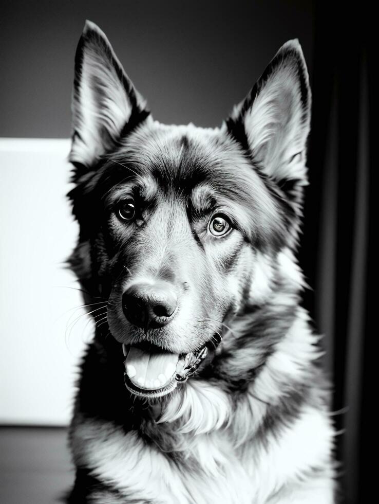 glücklich Deutsche Schäfer Hund schwarz und Weiß einfarbig Foto im Studio Beleuchtung