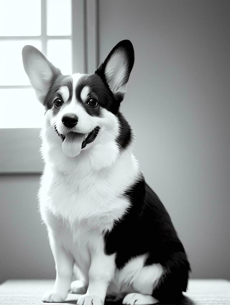 glücklich Pembroke Walisisch Corgi Hund schwarz und Weiß einfarbig Foto im Studio Beleuchtung