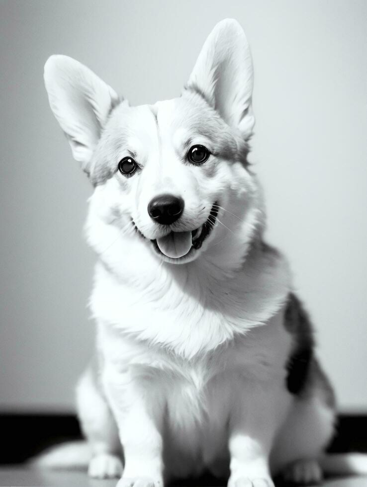 glücklich Pembroke Walisisch Corgi Hund schwarz und Weiß einfarbig Foto im Studio Beleuchtung