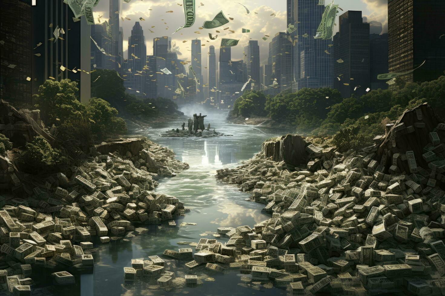 Fantasie Landschaft mit Banknoten im das Wasser. 3d Wiedergabe, Fluss von Geld, Konzept von Reichtum und Fülle, ai generiert foto