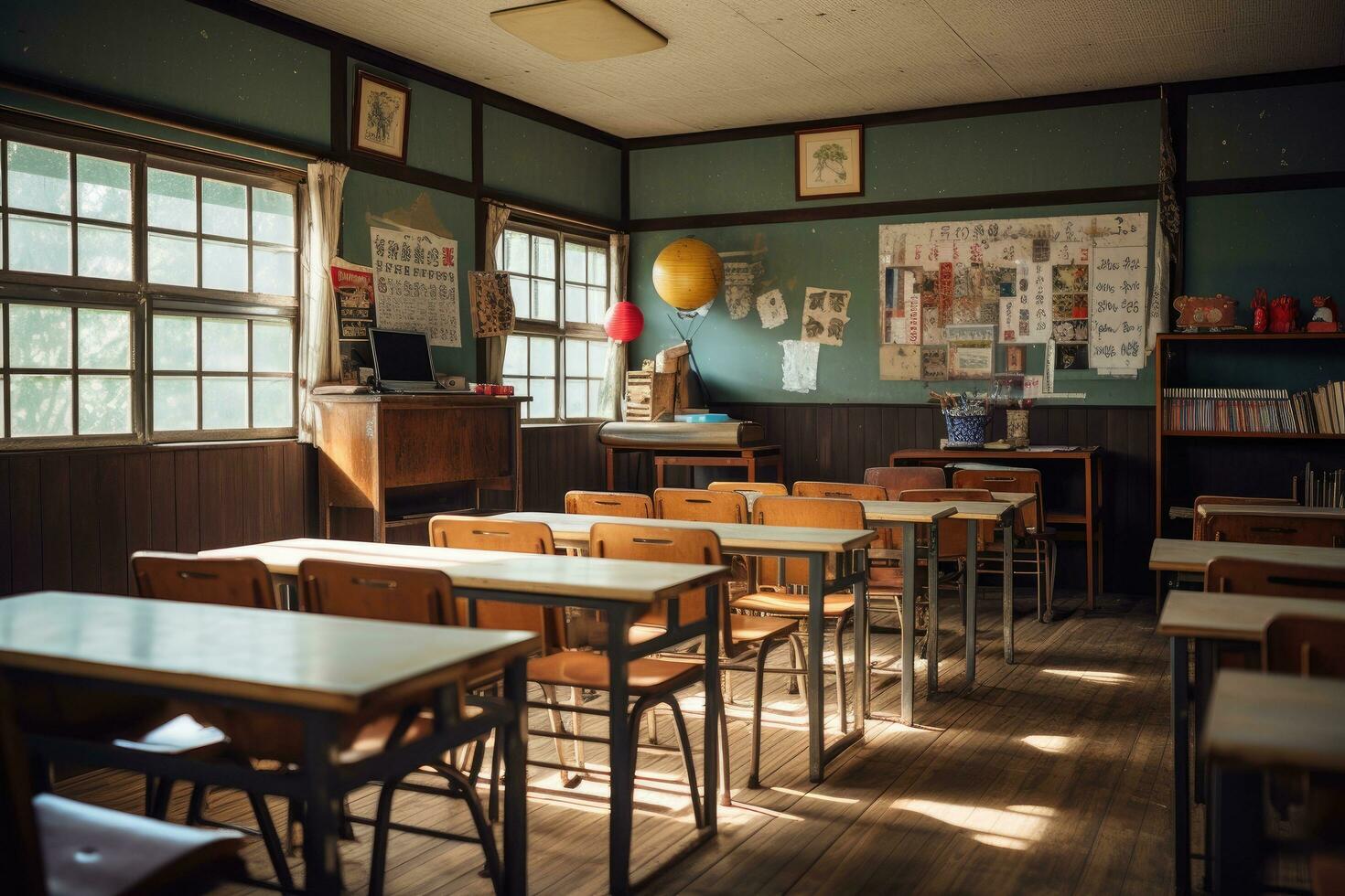 Jahrgang Innere von ein alt Schule Klassenzimmer mit Tabellen und Stühle, Schule Klassenzimmer mit Schule Schreibtische und Tafel im japanisch hoch Schule, ai generiert foto