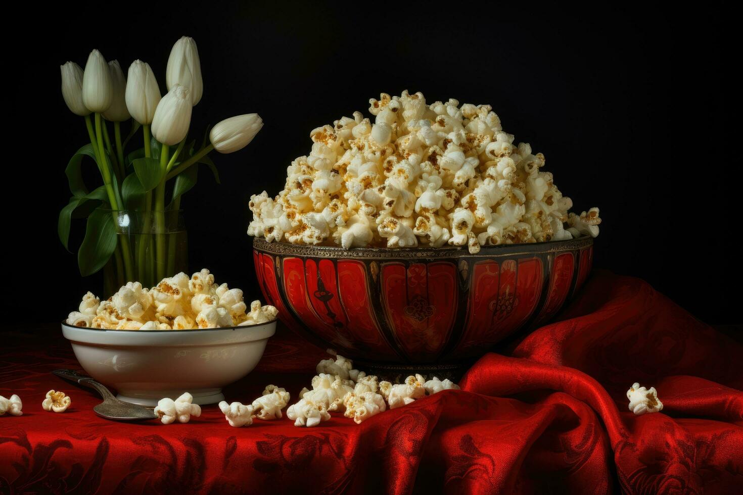 Popcorn im ein Schüssel und Weiß Tulpen auf ein dunkel Hintergrund, Erholung künstlerisch immer noch Leben von Popcorn geöffnet und geschlossen im ein Schüssel umgeben von Mehr Popcorn, ai generiert foto