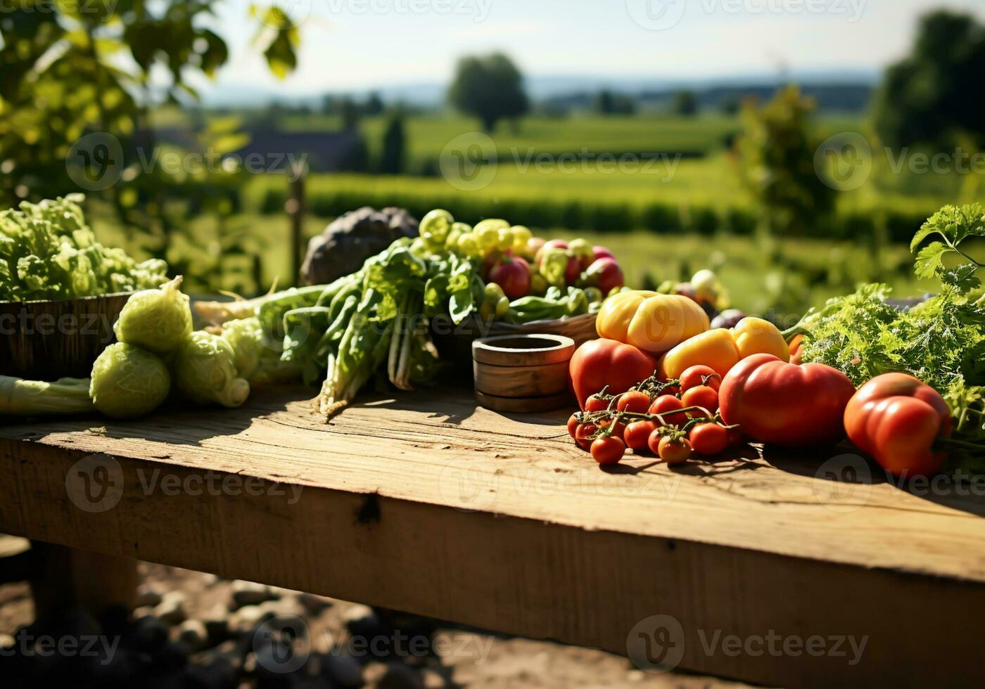 hölzern Tabelle mit das die meisten abwechslungsreich frisch Gemüse, im das Feld. gesund Essen Konzept. ai generiert foto