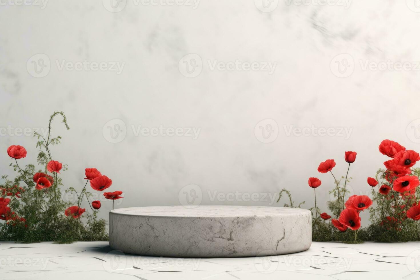 Weiß Stein Marmor Podium mit Mohnblumen und Feld Kräuter wachsend hinter. grau minimalistisch Hintergrund foto